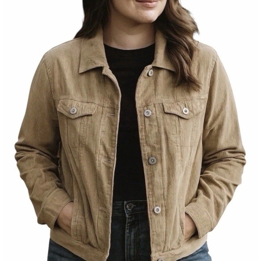 Eddie Bauer Corduroy Trucker Jacket Women L Tan Beige Vintage Button Cotton Coat